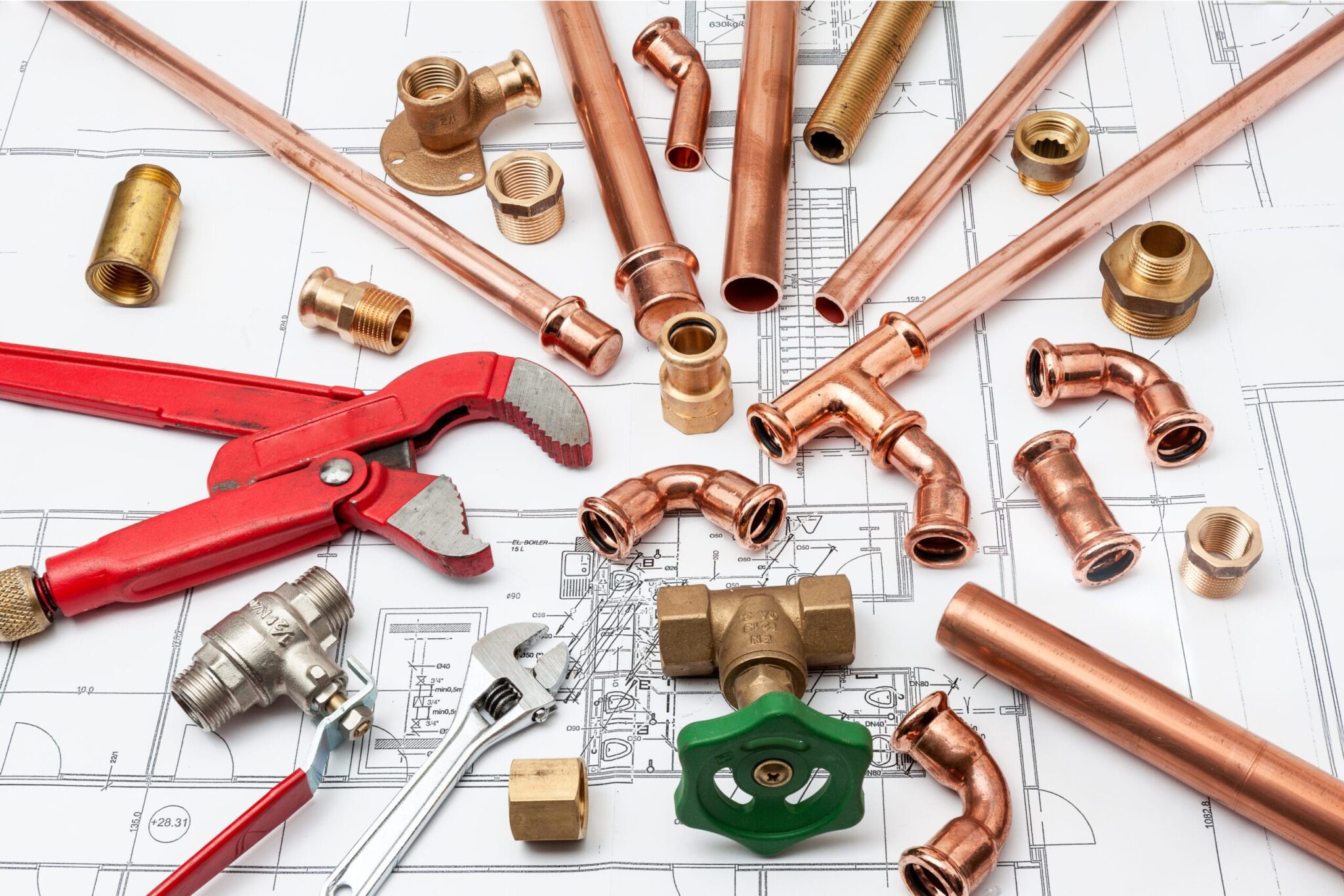 Copper pipes, fittings, valves, and plumbing tools in Jurupa Valley