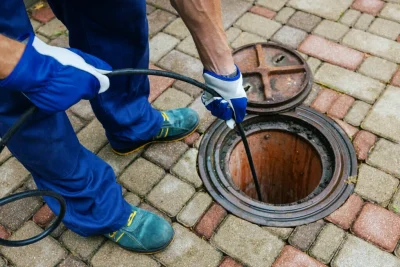 Plumber cleaning an outdoor sewer drain in Jurupa Valley