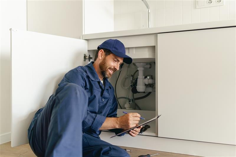 Residential plumber reviewing plumbing repairs in a Jurupa Valley kitchen