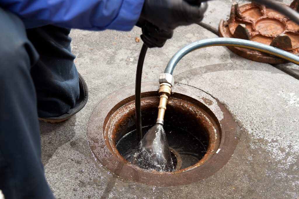 Plumber hydro jetting a sewer line through a manhole in Jurupa Valley