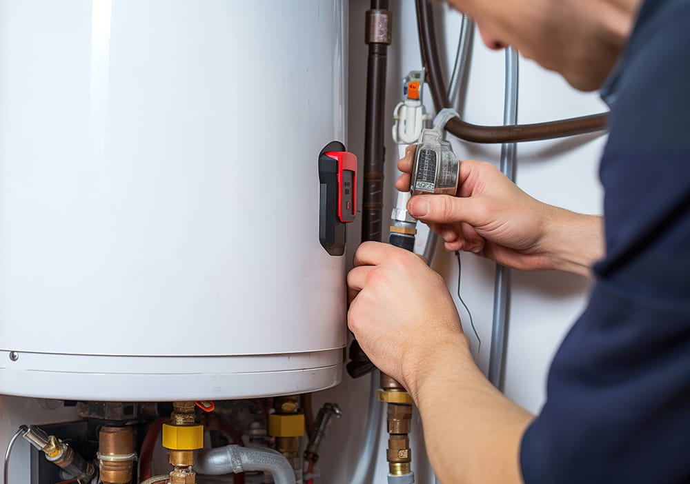Technician repairing pipes connected to a water heater in Jurupa Valley